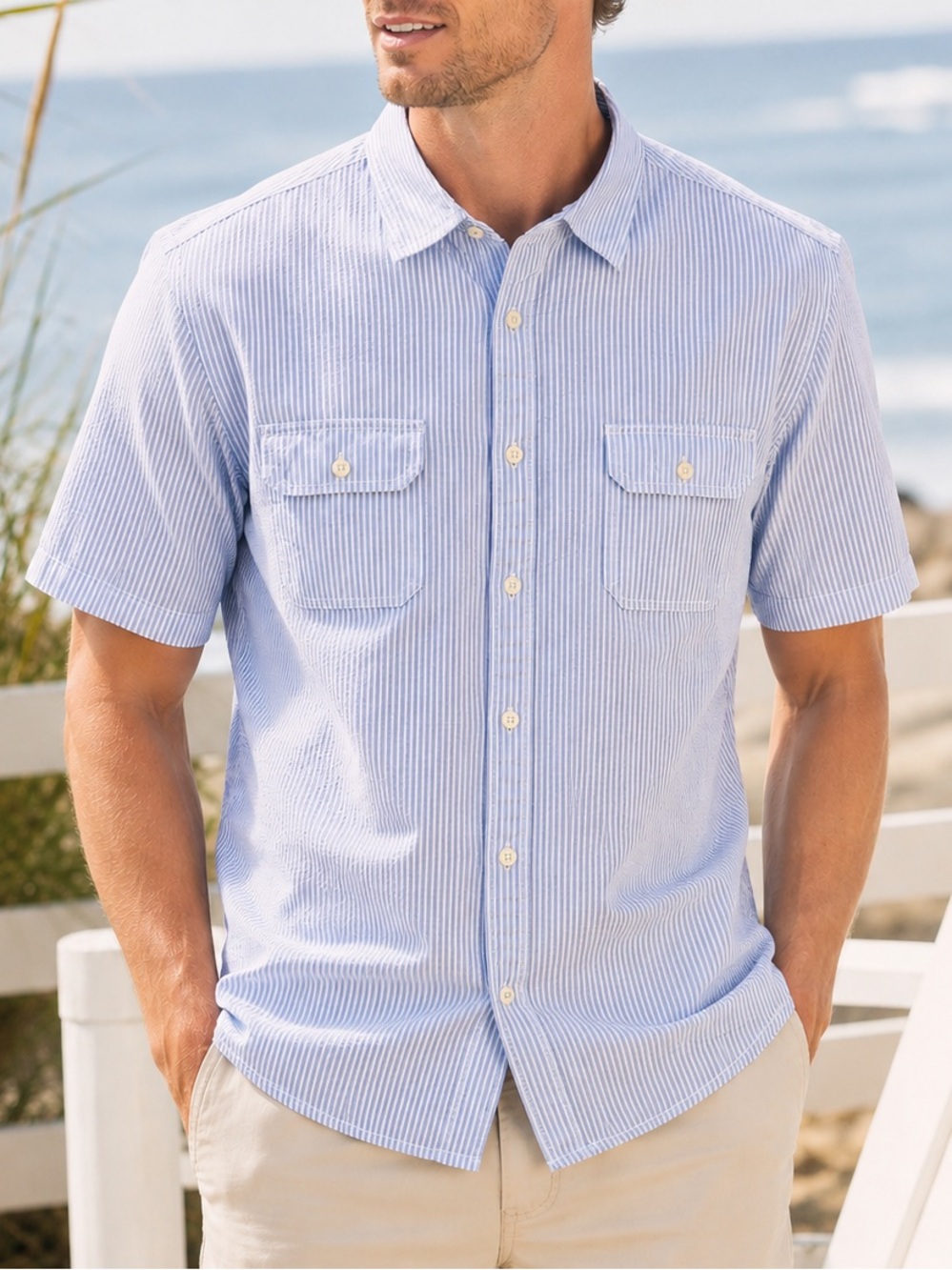 Men’s Cremieux Seersucker Stripe Button Up Shirt Large Coastal Summer
